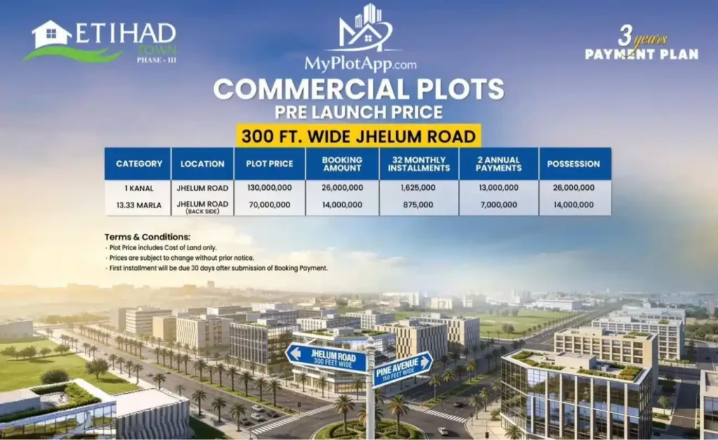 Etihad town phase 3 commercial payment plan 300ft Jhelum Road